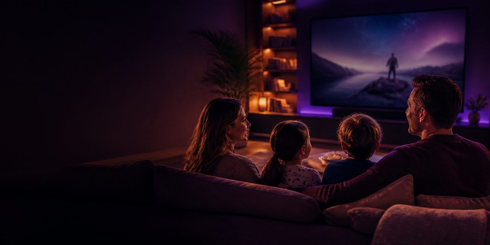 Happy family watching SmartOne IPTV together on a Smart TV